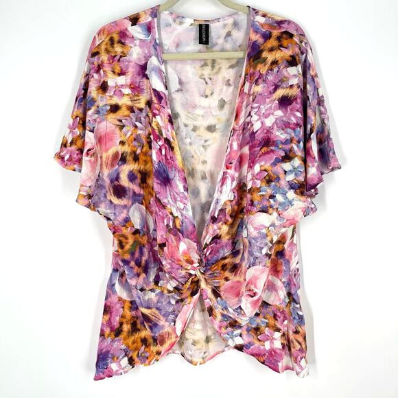 MINKPINK Floral Twist Front Top Pink Flutter Sleeve Size Small - Picture 1 of 8